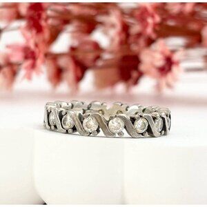 Sterling Silver Round Cut Row Set Wavy Style Modernist Vintage Ring - sz 6.75